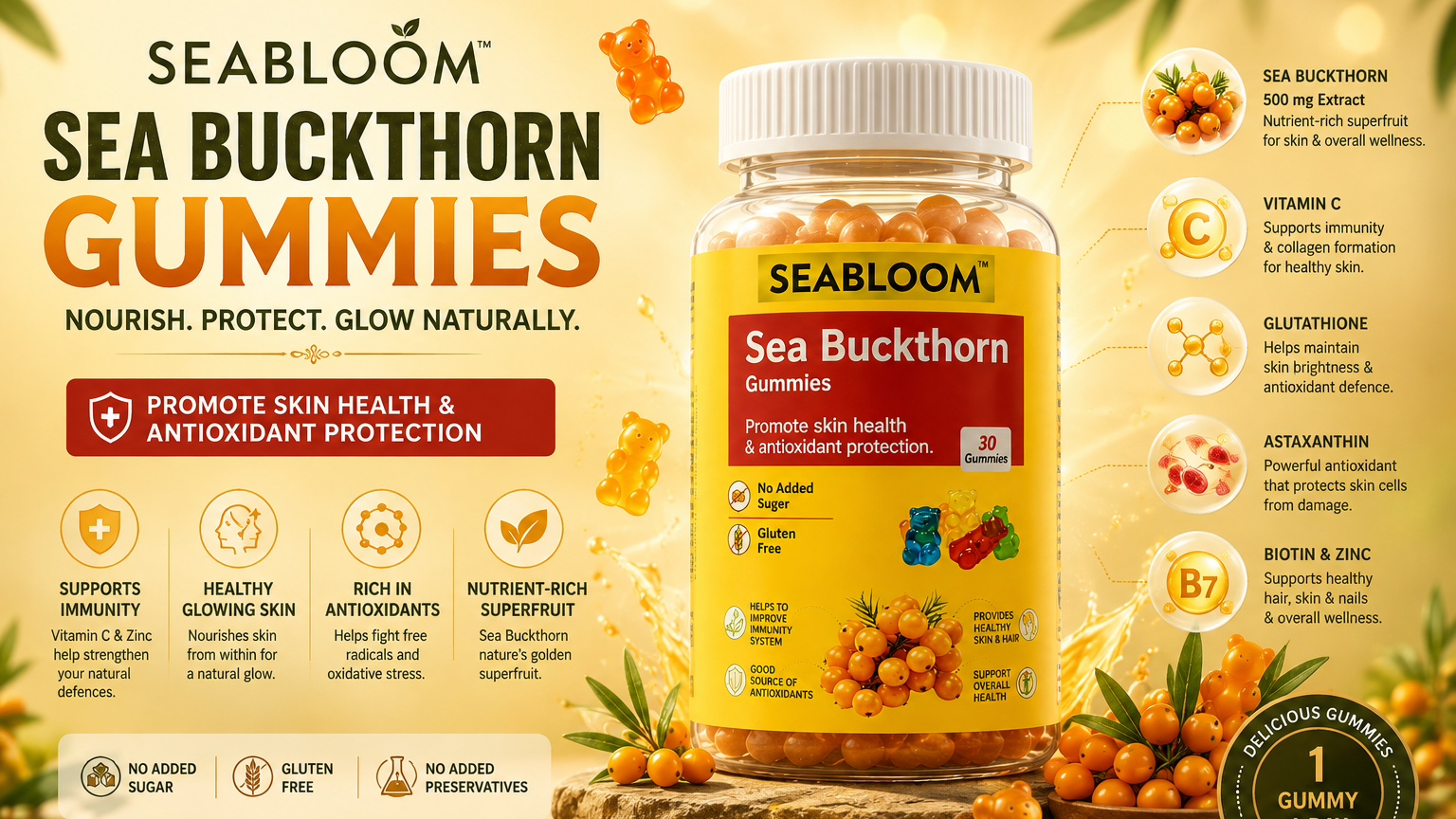 A bottle of Seabloom Sea Buckthorn Gummies displayed on a wooden surface with scattered sea buckthorn berries and a decorative background. The bottle label is yellow and white, and the image includes several text callouts highlighting product benefits and ingredients.